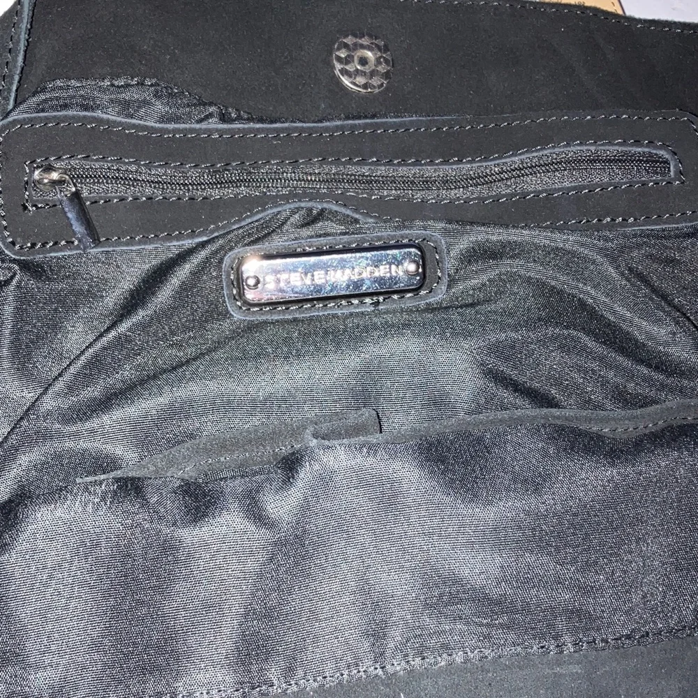 Steve Madden Black Tote with Silver Sparkle Stripe and‎ Tan Handles